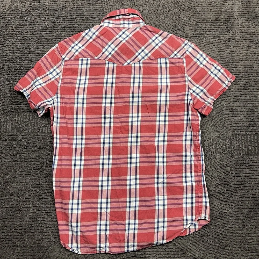 True Religion Brand Jeans Plaid Western Snap Shirt Men's M Short Sleeve Red Blue